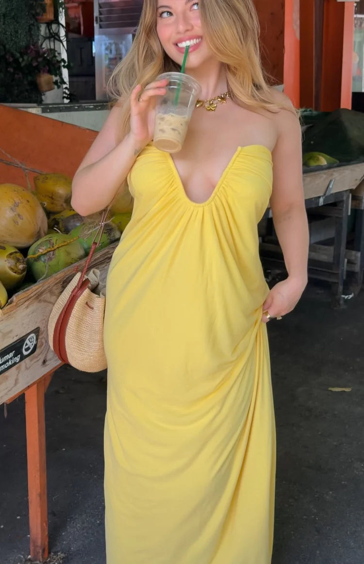 Braelyn Yellow Strapless Maxi Dress | Beginning Boutique US Braelyn Yellow Strapless Maxi Dress | Beginning Boutique US