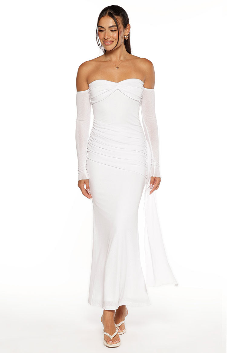 Breanna White Long Sleeve Ruched Maxi Dress - US 0