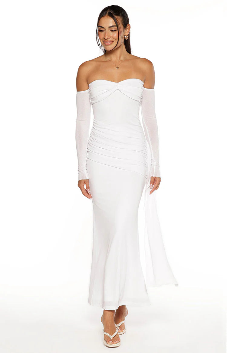 Breanna White Long Sleeve Ruched Maxi Dress - US 0 | Beginning Boutique exclusive