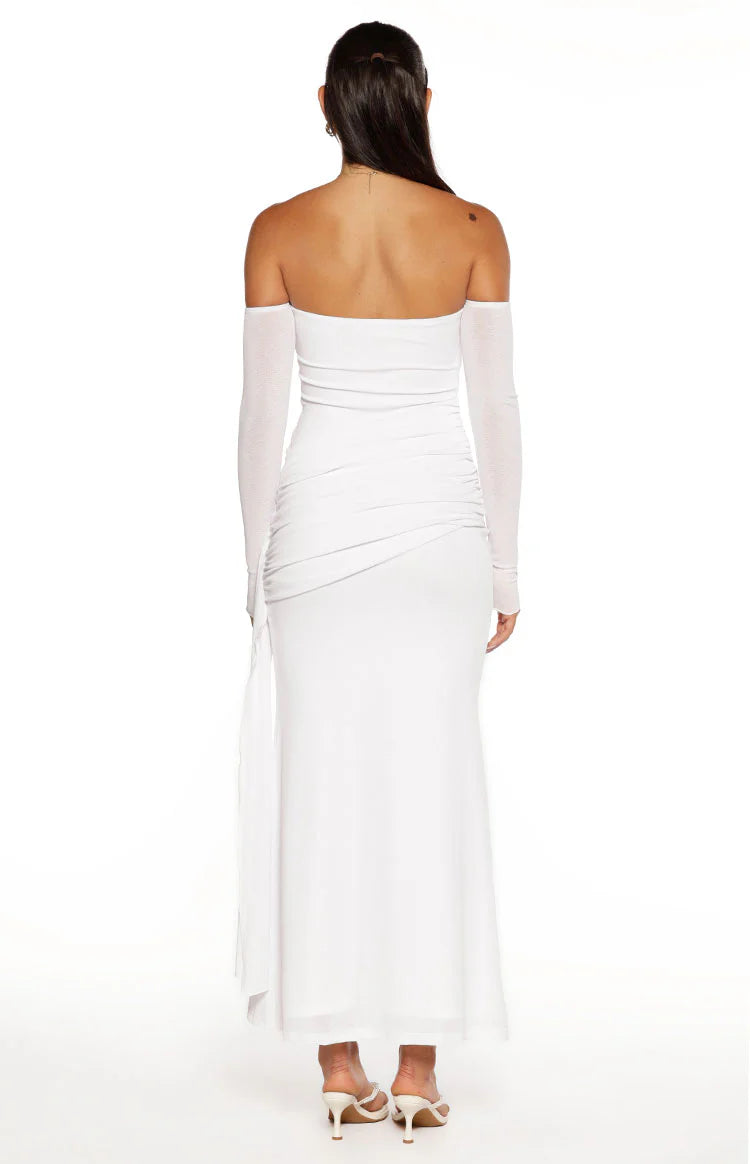slim fit dress slacks Breanna White Long Sleeve Ruched Maxi Dress - US 0