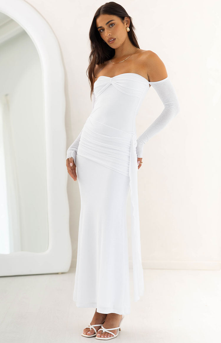 Breanna White Long Sleeve Ruched Maxi Dress - US 0