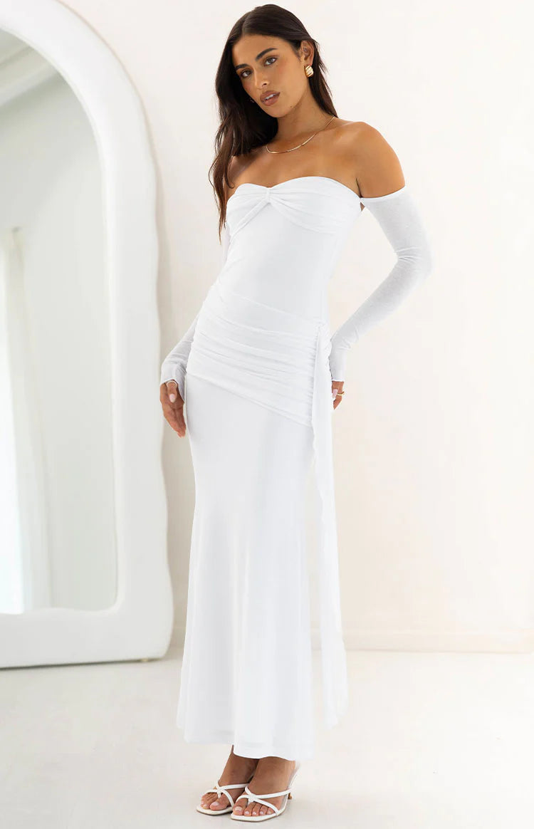 slim fit dress slacks Breanna White Long Sleeve Ruched Maxi Dress - US 0