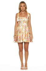 Front view of a yellow floral satin mini dress with a square neckline, tie-shoulder straps, and a flared A-line skirt