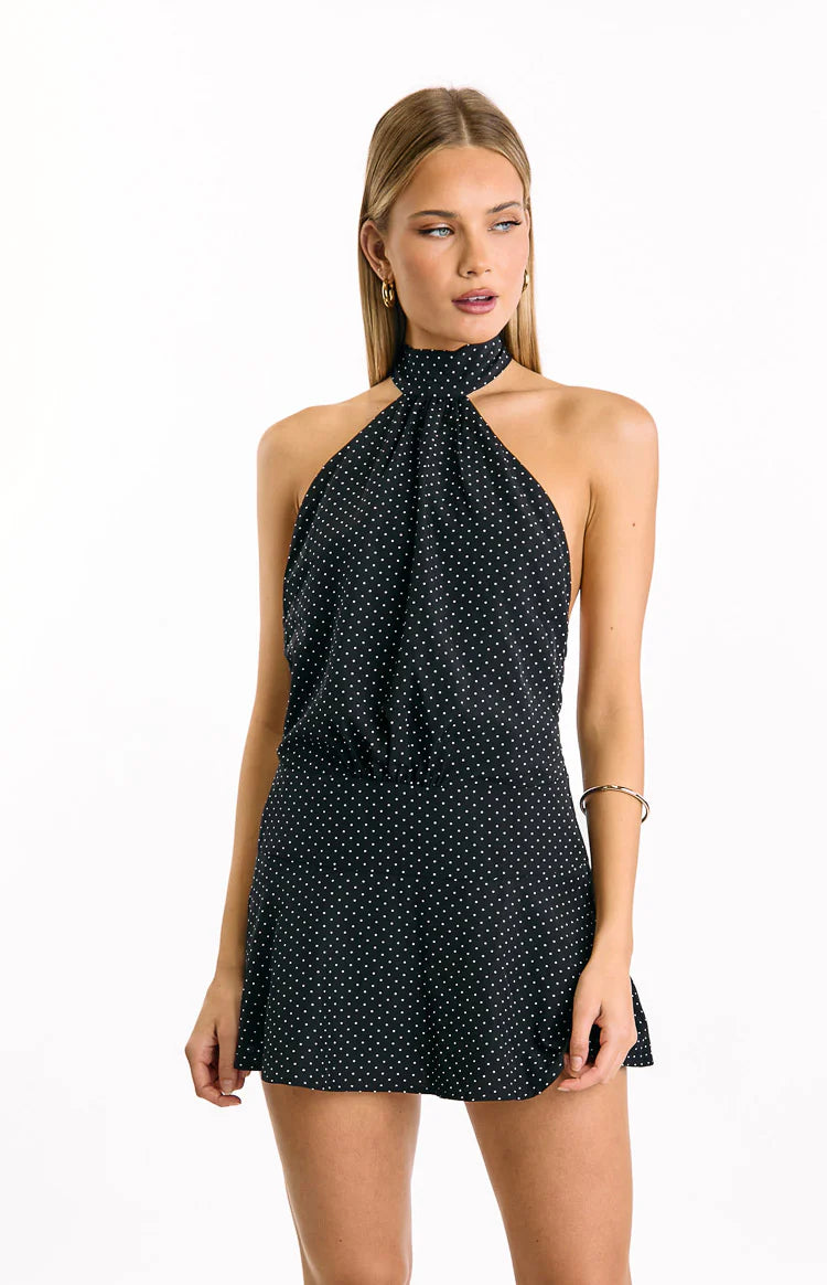 Bryan Black Polka Dot Halter Neck Mini Dress - 12 | Beginning Boutique Exclusive Bryan Black Polka Dot Halter Neck Mini Dress - 12 | Beginning Boutique Exclusive