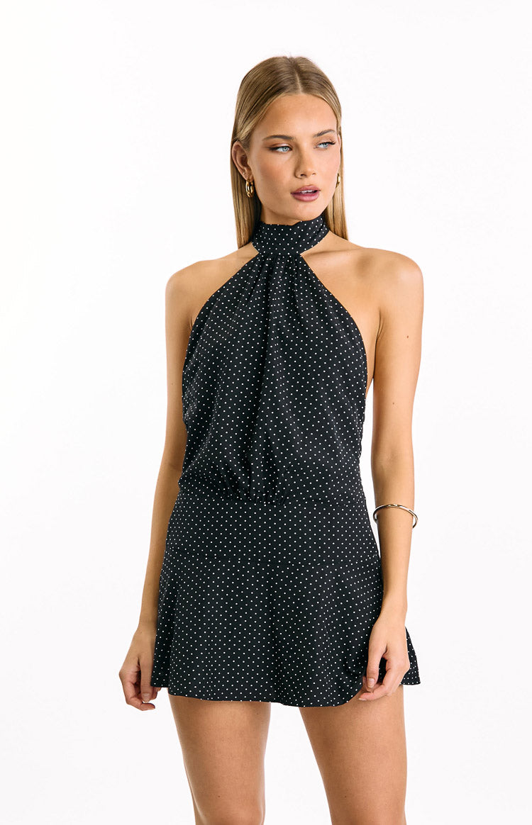 Bryan Black Polka Dot Halter Neck Mini Dress Image