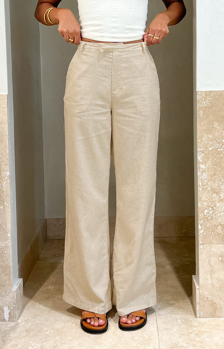 Beginning Boutique Cabo Cream Linen Blend Pants cream linen blend high-waisted wide-leg pants with a flat front