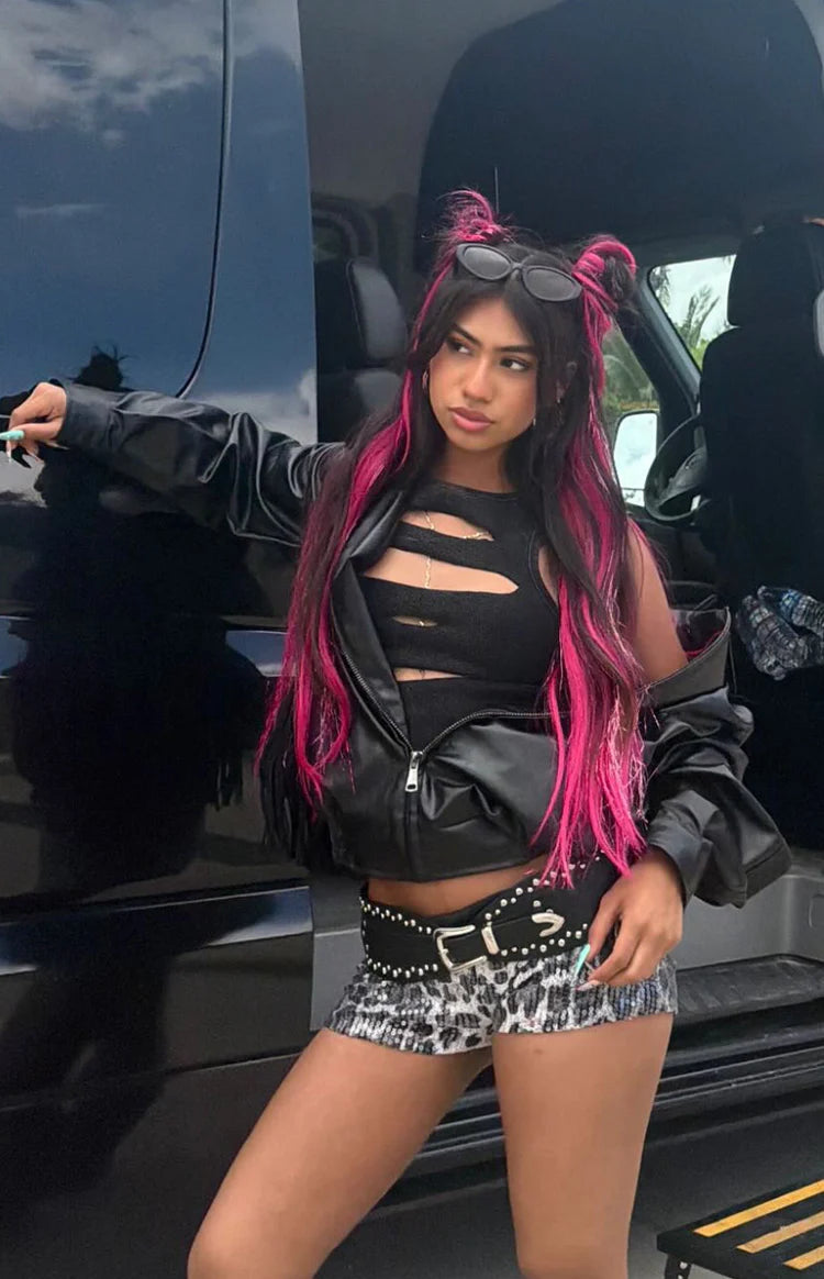 Black PU bomber jacket with long sleeves and a relaxed fit, worn open