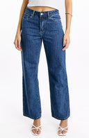 Beginning Boutique Calliope Pinstripe Mid Wash Mid Rise Slouchy Jeans mid wash denim with white pinstripes and a wide leg