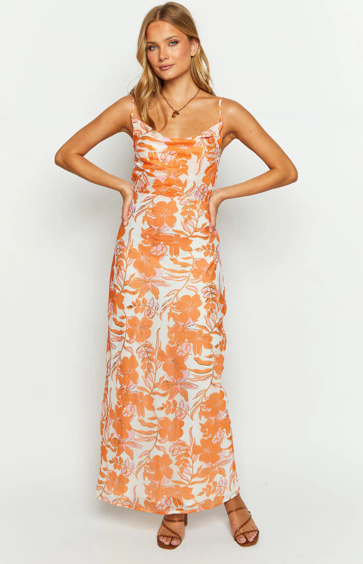 orange chiffon summer dress Zapaka Women Orange Ruffled Wedding Guest Dress A Line V Neck Chiffon Long Formal Dress, Orange / US26W