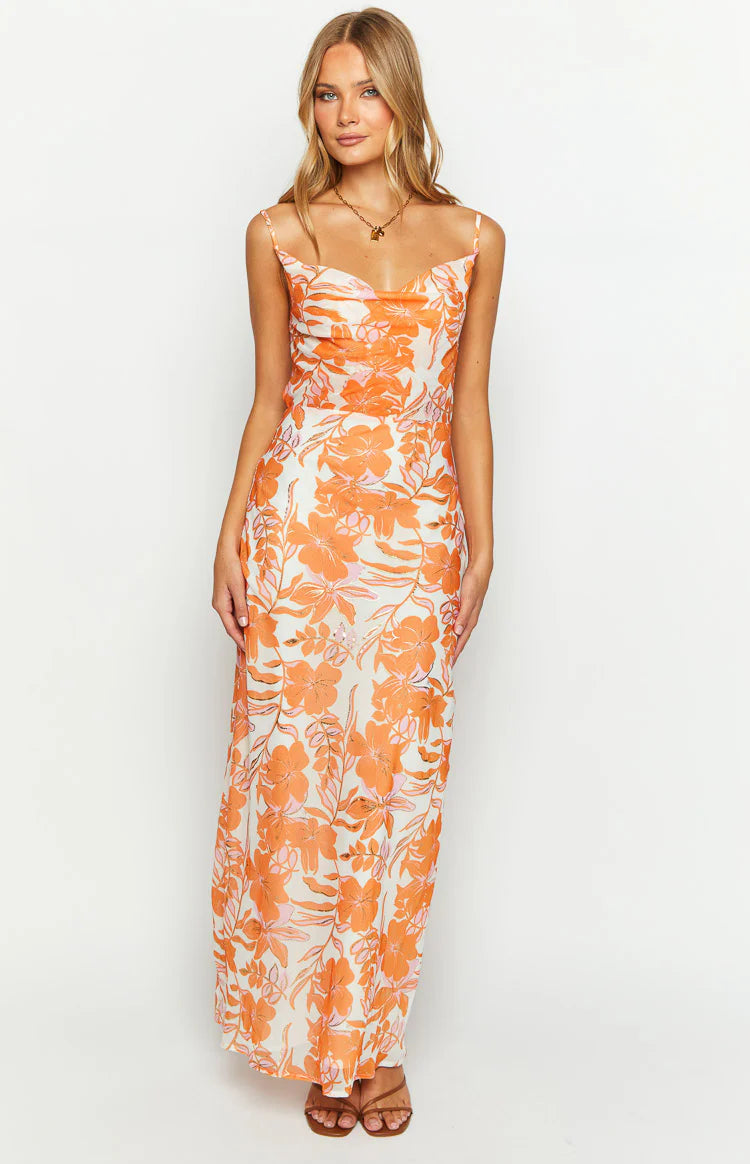 orange chiffon maxi dress Koko Chiffon Dress in Orange OMNES