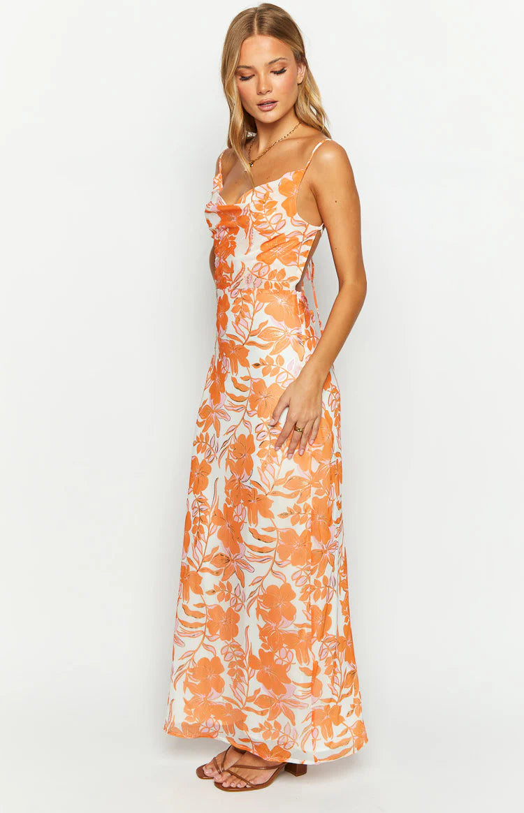 Cambri Orange Floral Chiffon Maxi Dress - US 0 | Beginning Boutique Exclusive Cambri Orange Floral Chiffon Maxi Dress - US 0 | Beginning Boutique Exclusive