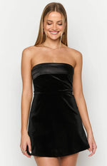 Fitted black strapless mini dress with a satin bust band and velvet body