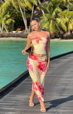 Alora Yellow and Pink Floral Print Hanky Hem Maxi Skirt Image