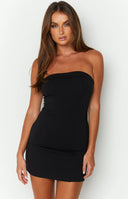 Beginning Boutique Carminia Black Mini Dress black strapless bandeau bodycon mini dress with panel detailing