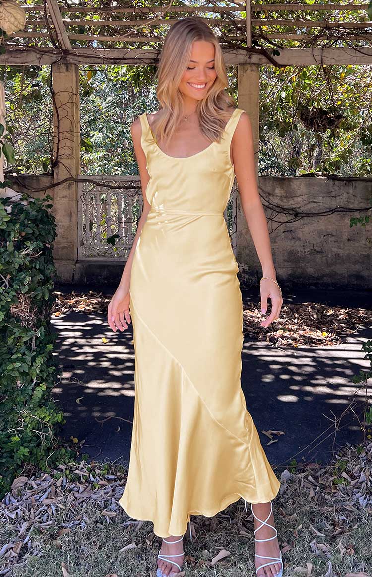 Carnation Yellow Satin Maxi Dress - US 4 | Beginning Boutique Exclusive Carnation Yellow Satin Maxi Dress - US 4 | Beginning Boutique Exclusive