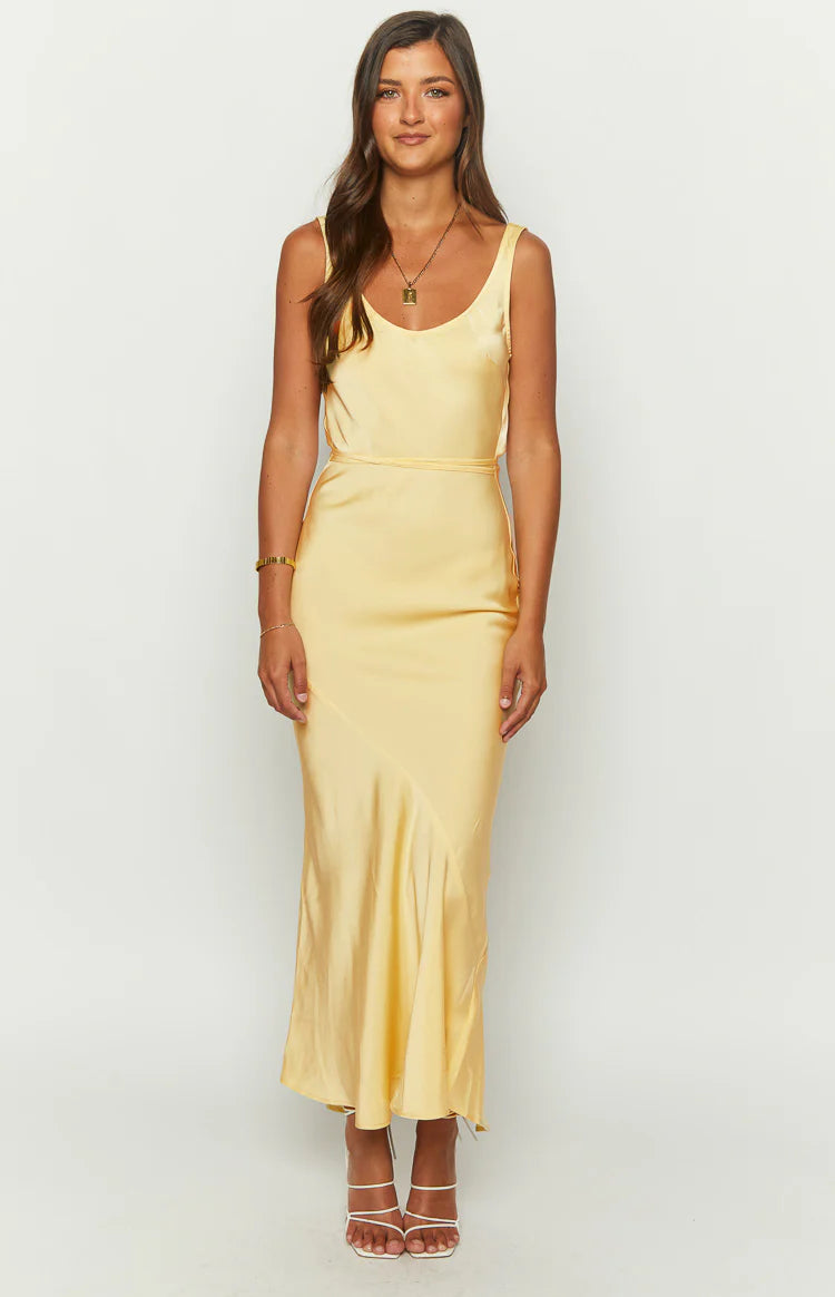 Carnation Yellow Satin Maxi Dress - US 4 | Beginning Boutique Exclusive Carnation Yellow Satin Maxi Dress - US 4 | Beginning Boutique Exclusive