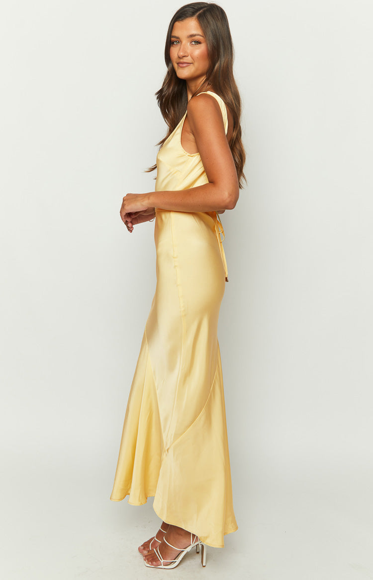 Carnation Yellow Satin Maxi Dress - US 4 | Beginning Boutique Exclusive Carnation Yellow Satin Maxi Dress - US 4 | Beginning Boutique Exclusive