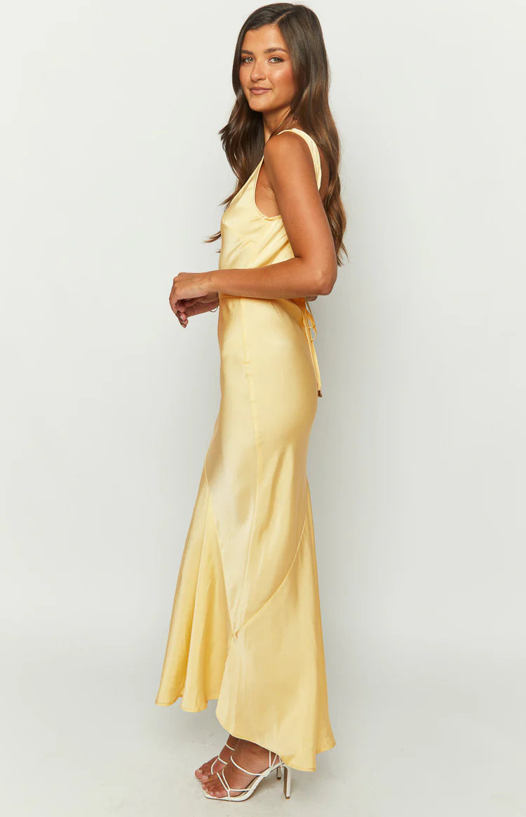 Carnation Yellow Satin Maxi Dress - US 10 | Beginning Boutique Exclusive Carnation Yellow Satin Maxi Dress - US 10 | Beginning Boutique Exclusive