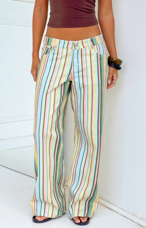 Beginning Boutique Carrie Multi Stripe Low Rise Jeans pastel multi-stripe low rise jeans with vertical stripes and a straight