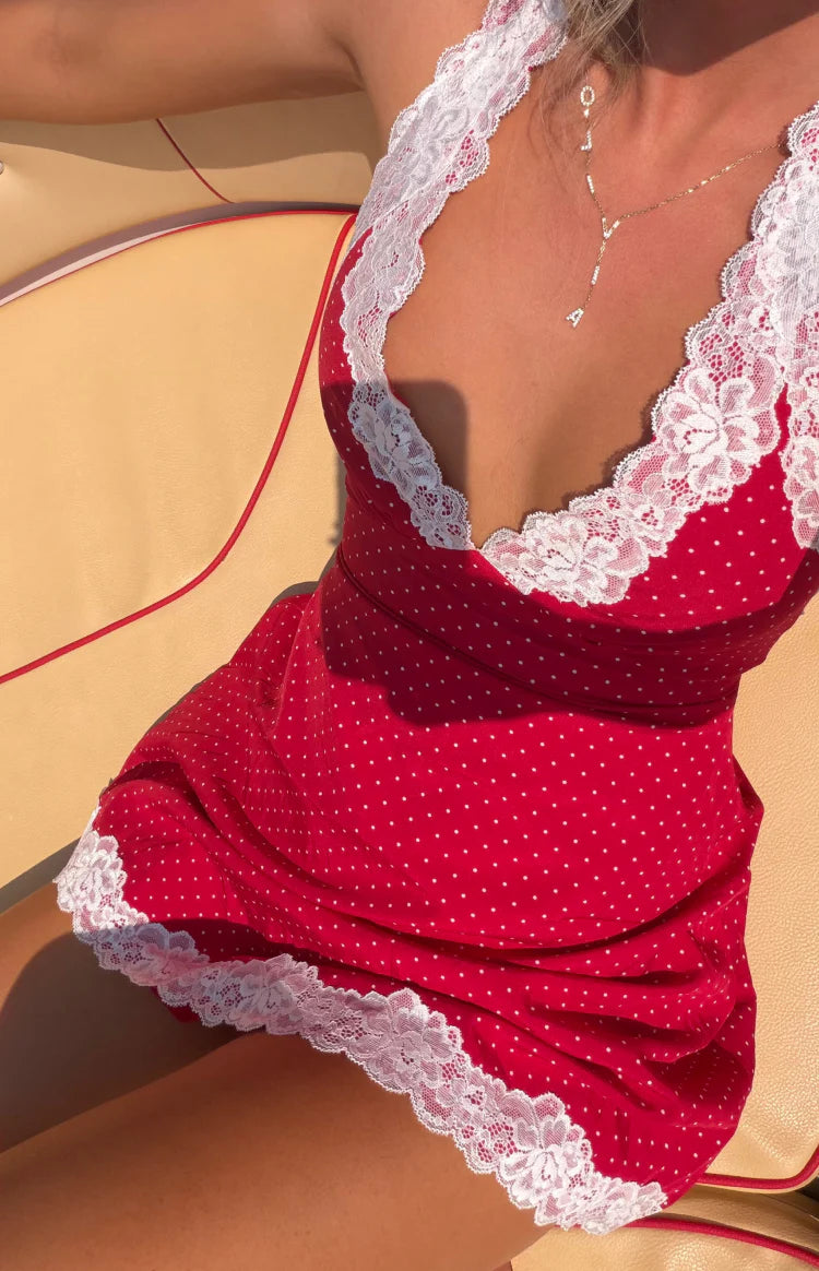 red polka dot lingerie dress Lace Hem Polka Dot Dress Red Clothe Boutique
