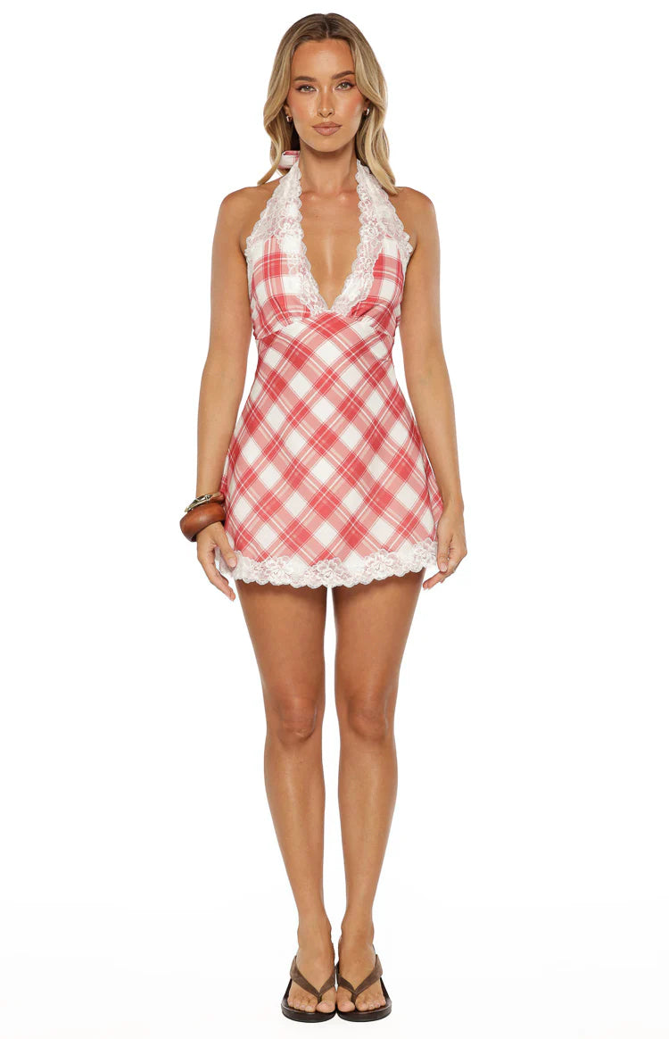 fitted lace wedding dress Cassidy Red Plaid Print Mini Dress
