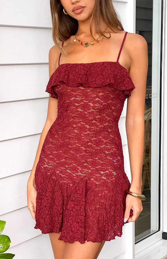 Celeste Wine Lace Party Mini Dress - US 2