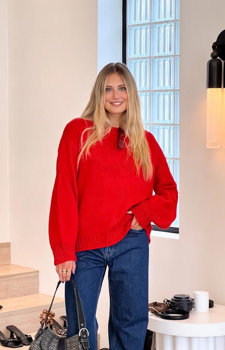 Beginning Boutique Chapman Red Sweater red ribbed knit oversized crew neck sweater with long balloon sleeves