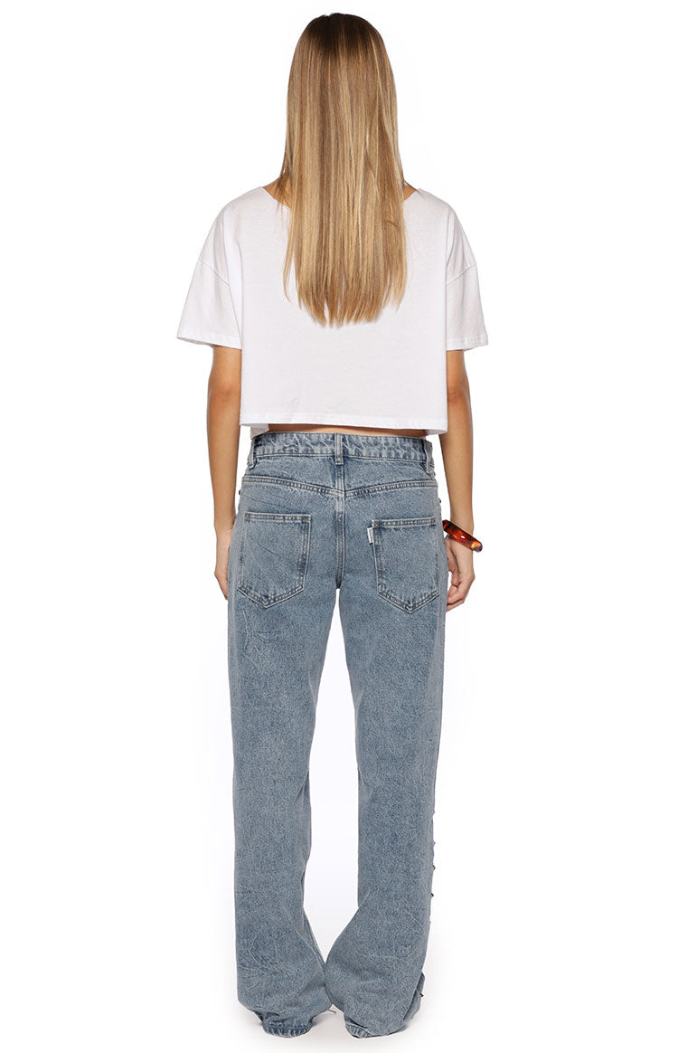 Charli Mid Wash Denim Studded Low Waist Baggy Leg Jeans Image