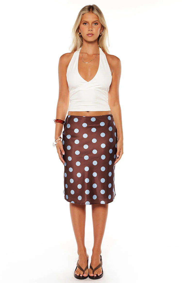 Charlize Brown and Blue Polka Dot Midi Skirt