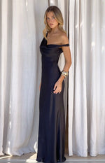 Charm Black Off Shoulder Formal Satin Maxi Dress