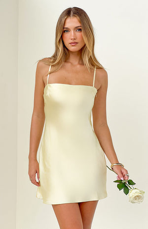 Beginning Boutique Chelsea Yellow Satin Mini Dress pale yellow satin square neck mini dress with thin spaghetti straps