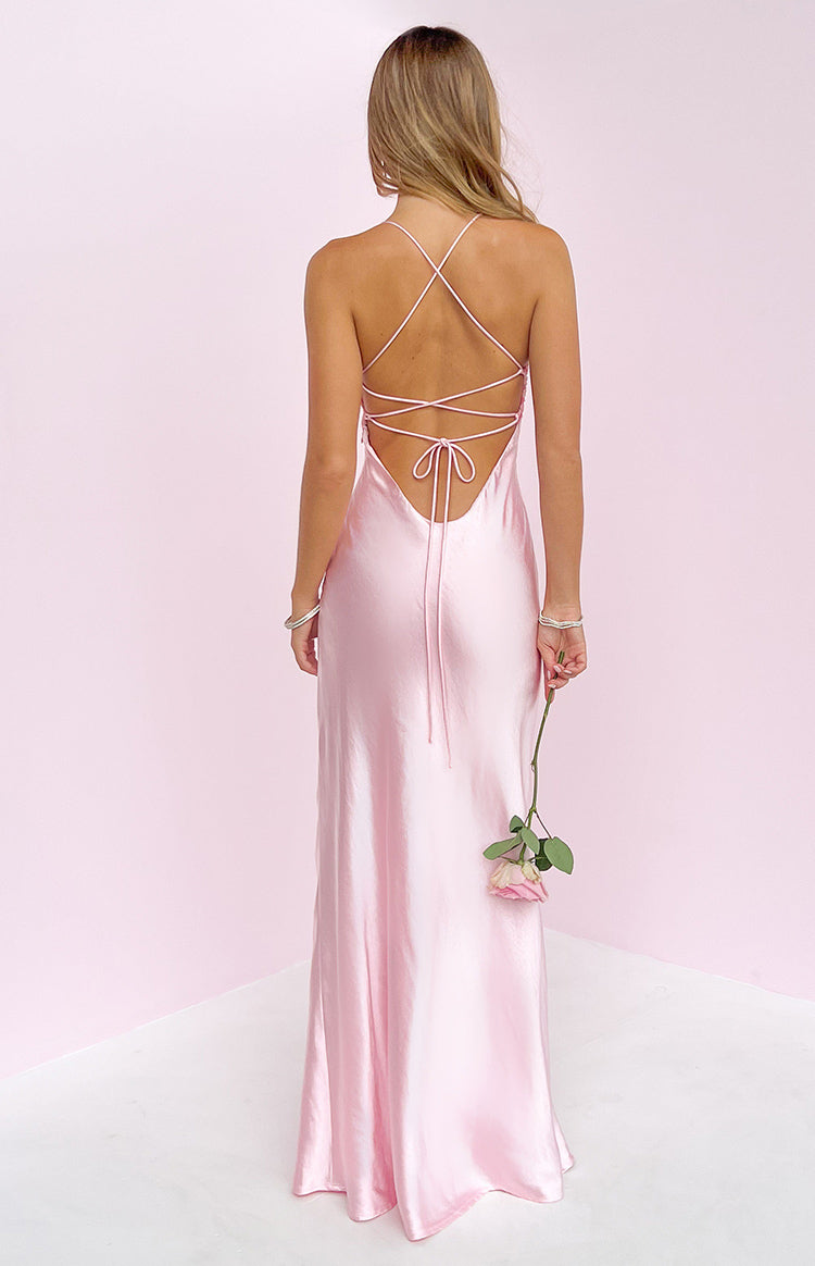 pink beaded maxi dress Chilli Bust Satin - US 6 plus size formal dresses MULES Corset detail with boning Size:L-40