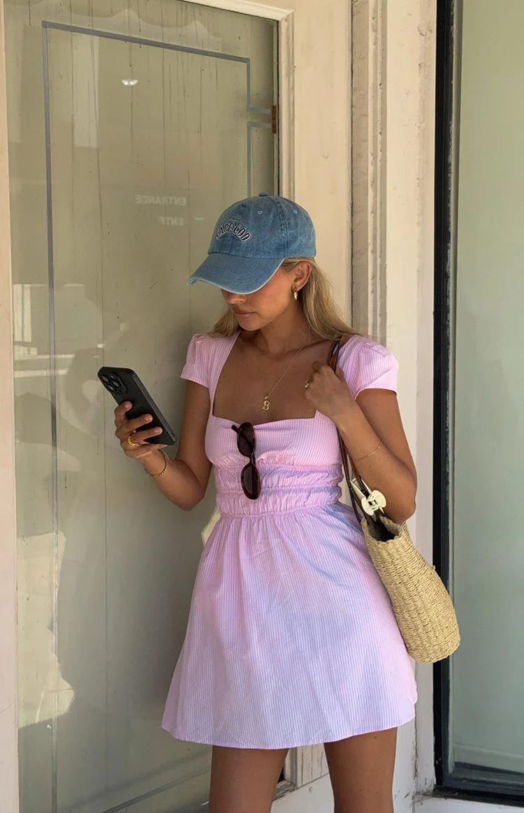 Clairo Light Pink Stripe Cap Sleeve Mini dress - 8 | Beginning Boutique Exclusive Clairo Light Pink Stripe Cap Sleeve Mini dress - 8 | Beginning Boutique Exclusive
