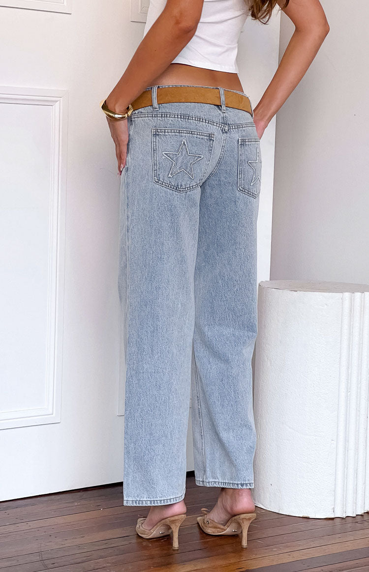 Clara Star Light Wash Denim Low Rise Jeans Beginning Boutique US