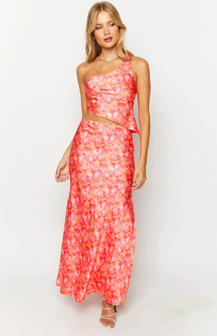 Claudi Orange and Pink Satin One Shoulder Top - 8 | Beginning Boutique Exclusive Claudi Orange and Pink Satin One Shoulder Top - 8 | Beginning Boutique Exclusive