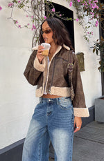 Beginning Boutique Cloud Brown Aviator Jacket distressed brown faux leather cropped aviator jacket with cream sherpa collar, cuffs, and hem