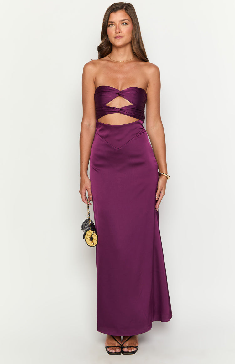 Purple strapless maxi dress with twisted sweetheart bodice, midriff cutout, and V-shaped waist panel