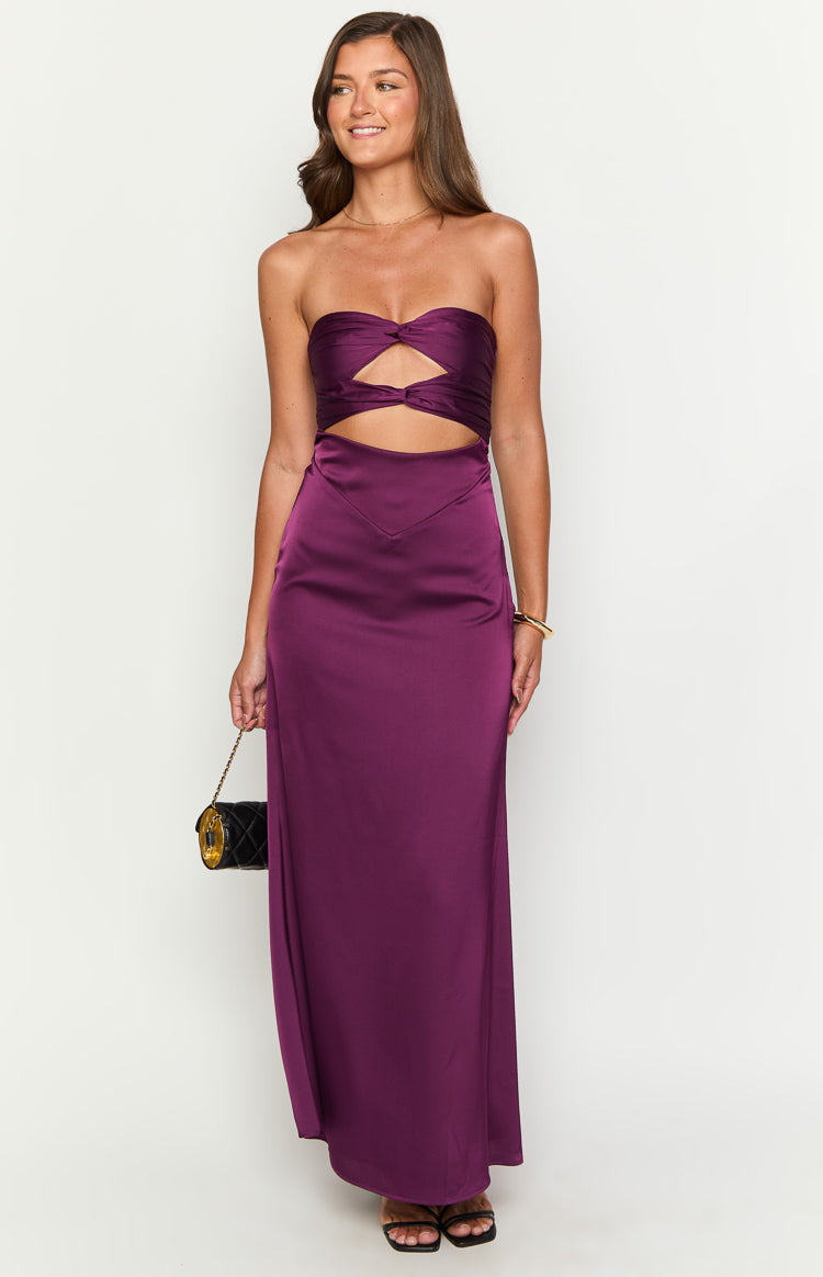Purple strapless maxi dress with twisted bust detail, midriff cutouts, and a V-shaped waistline