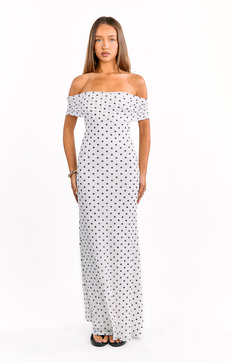 White polka dot mesh maxi dress with an off-shoulder neckline, ruched short sleeves, and a fitted bodice