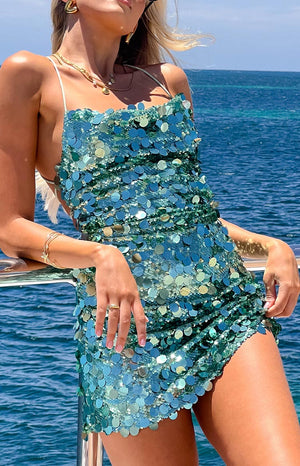 Curren Blue Beaded Mini Dress