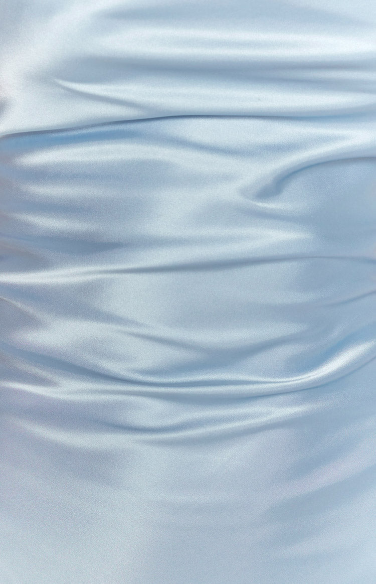 Light blue satin mini dress with a draped cowl neckline, thin halter straps, and ruched side detail