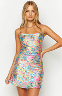 Beginning Boutique Come and Get It Pink Floral Mini Dress colourful floral print mini dress with spaghetti straps and lace-up back