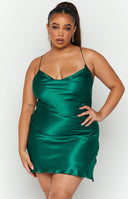 Emerald Come and Get It Party Dress with a draped cowl neckline and thin spaghetti straps