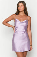 Beginning Boutique Come and Get It Lilac Party Dress lilac satin cowl neck mini dress with thin spaghetti straps and ruched side
