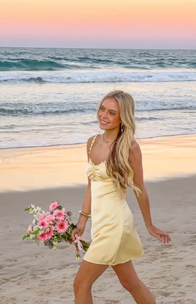 Connie Yellow Flower Detail Satin Party Mini Dress