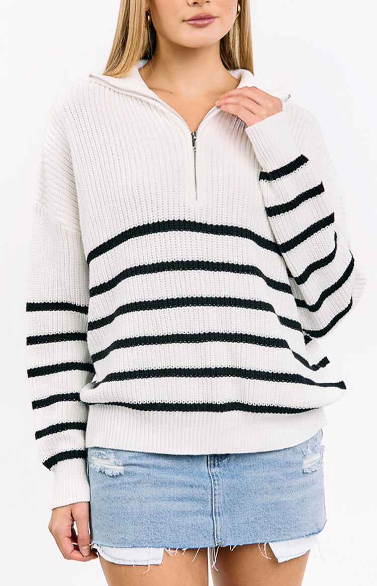 Copenhagen Cream Stripe Quarter Zip Knit Jumper Image