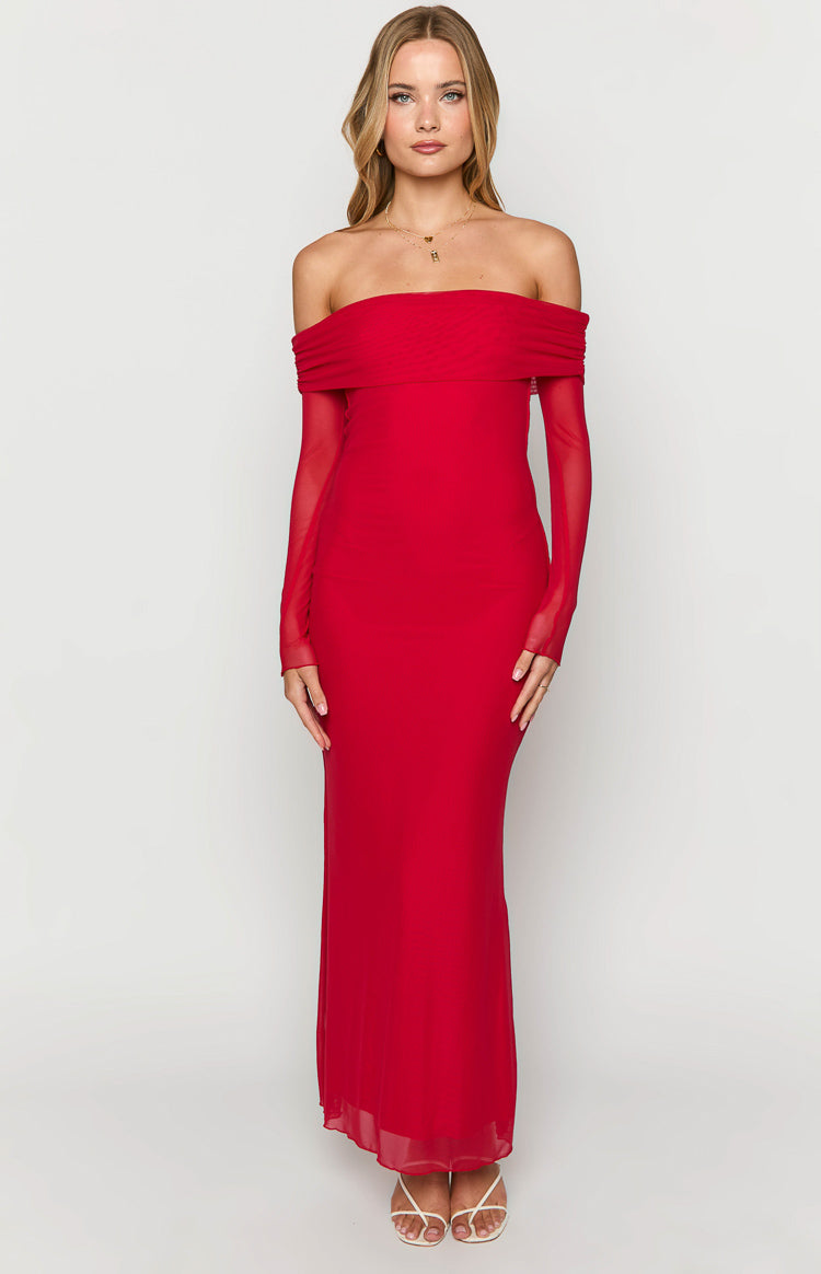Red maxi dress with an off-shoulder draped neckline and sheer long sleeves