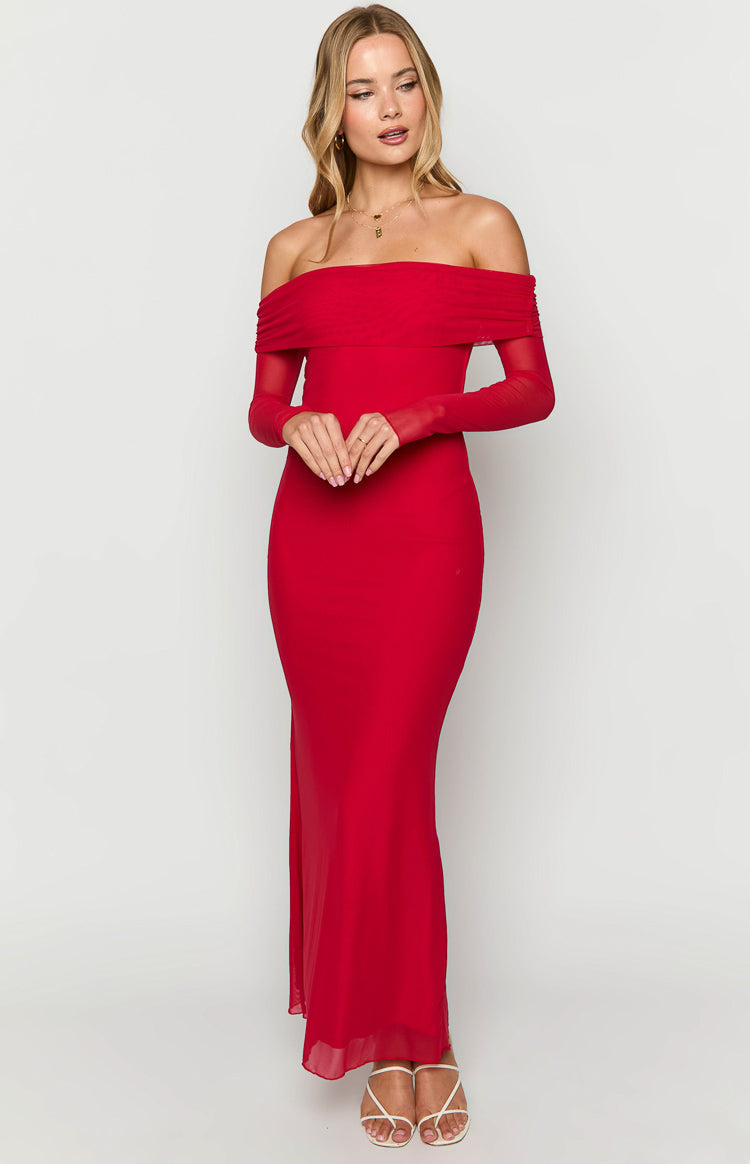 Full length red maxi dress with an off-shoulder ruched mesh overlay and sheer long sleeves