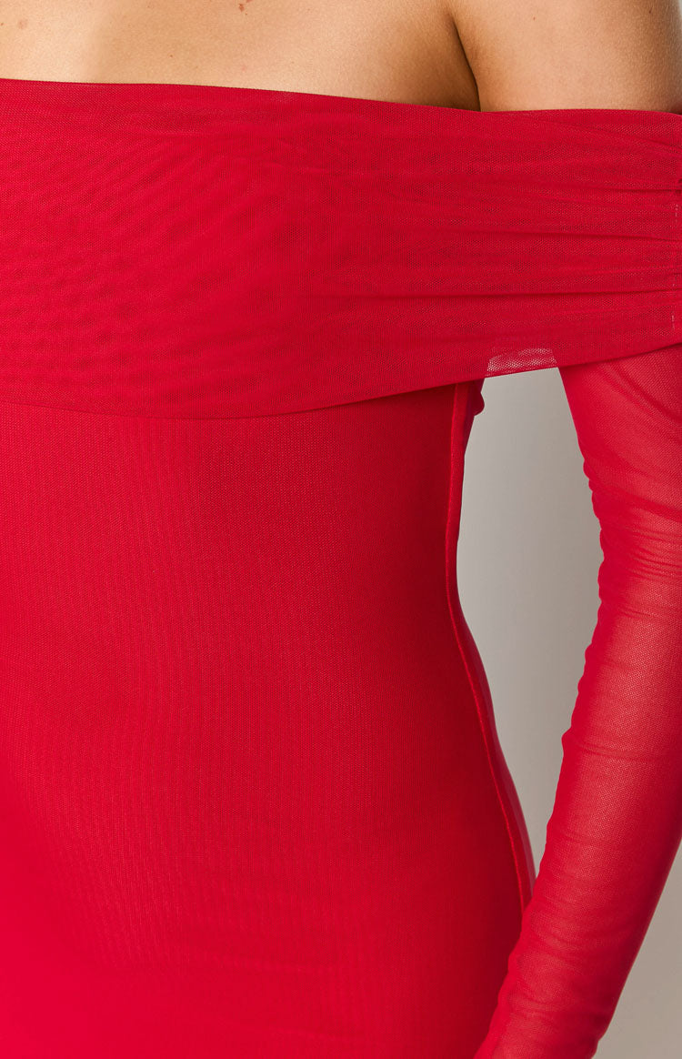 Red fitted maxi dress with draped off-shoulder neckline and sheer long sleeves with thumbholes