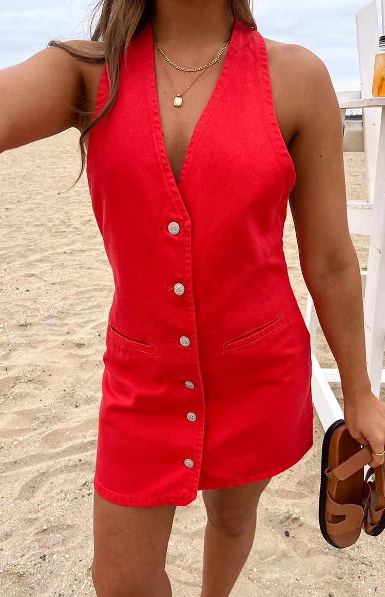 Corbin Red Denim Halter Neck Mini Dress Image